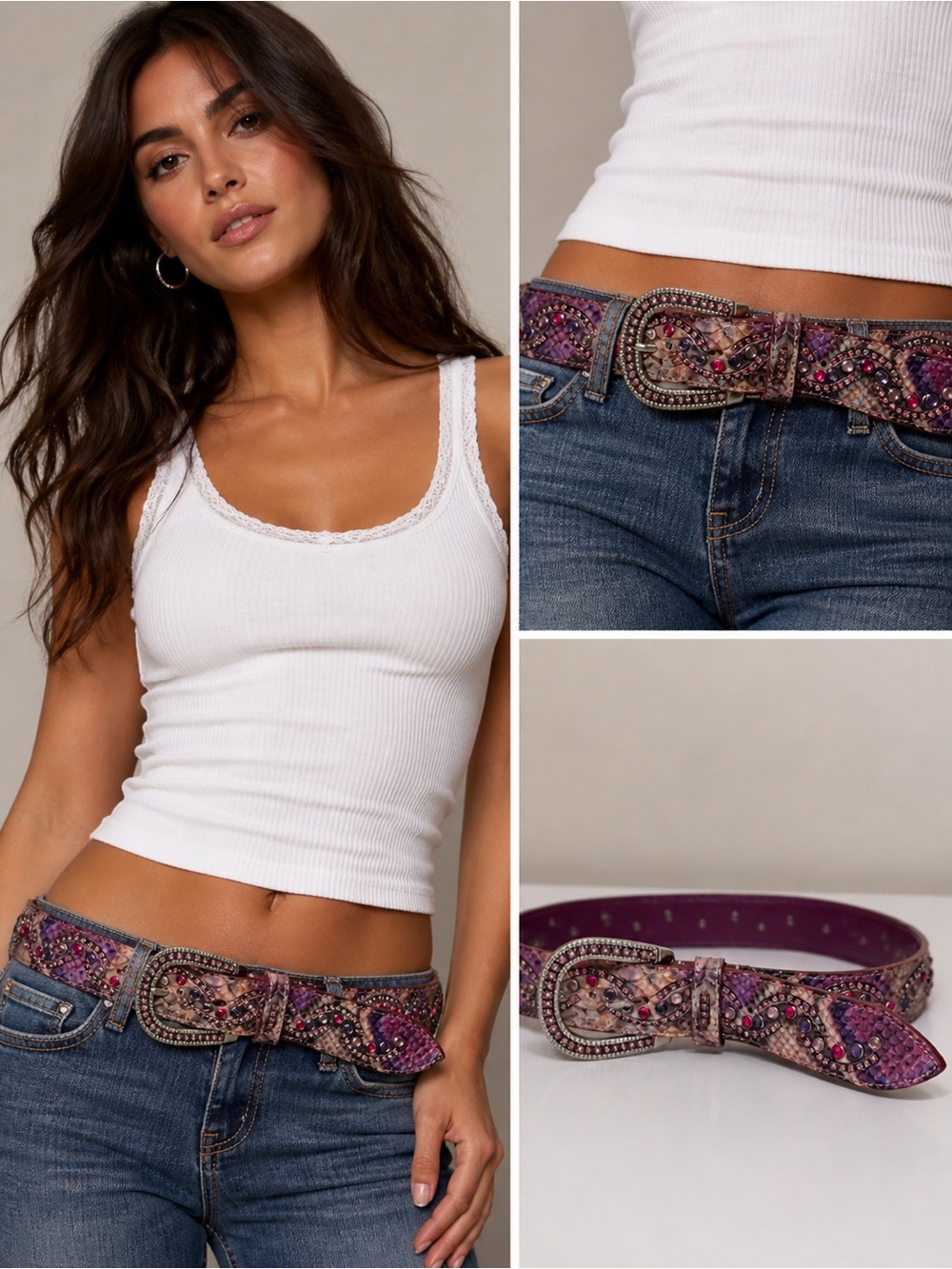 NANNI Milano Italian Python Leather Rhinestone Western Belt Pink Purple Size 36
